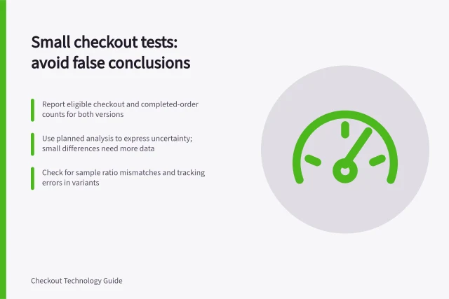 Small checkout tests: avoid false conclusions: Report eligible checkout and completed-order counts for both versions; Use planned analysis to express uncertainty; small differences need more data; Check for sample ratio mismatches and tracking errors in variants. Avoiding misleading conclusions from small checkout tests