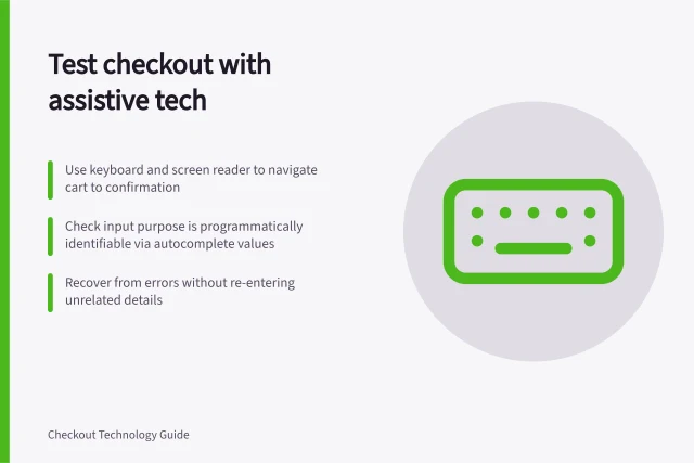 Test checkout with assistive tech: Use keyboard and screen reader to navigate cart to confirmation; Check input purpose is programmatically identifiable via autocomplete values; Recover from errors without re-entering unrelated details. Checking checkout usability with assistive technology
