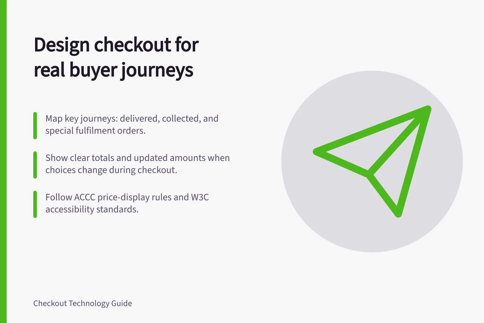 Design checkout for real buyer journeys: Map key journeys: delivered, collected, and special fulfilment orders.; Show clear totals and updated amounts when choices change during checkout.; Follow ACCC price-display rules and W3C accessibility standards.