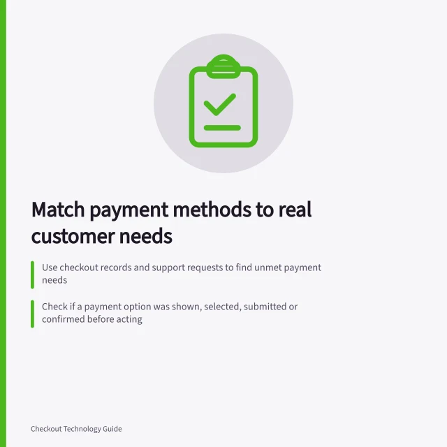 Match payment methods to real customer needs: Use checkout records and support requests to find unmet payment needs; Check if a payment option was shown, selected, submitted or confirmed before acting; Clarify 'bank payment' requests—PayID and PayTo are different actions. Choosing payment methods from actual customer demand