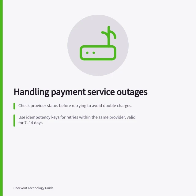 Handling payment service outages: Check provider status before retrying to avoid double charges.; Use idempotency keys for retries within the same provider, valid for 7–14 days.; Hold orders unresolved if outcome is unknown until ATO-compliant verification. Designing a fallback when a payment service is unavailable