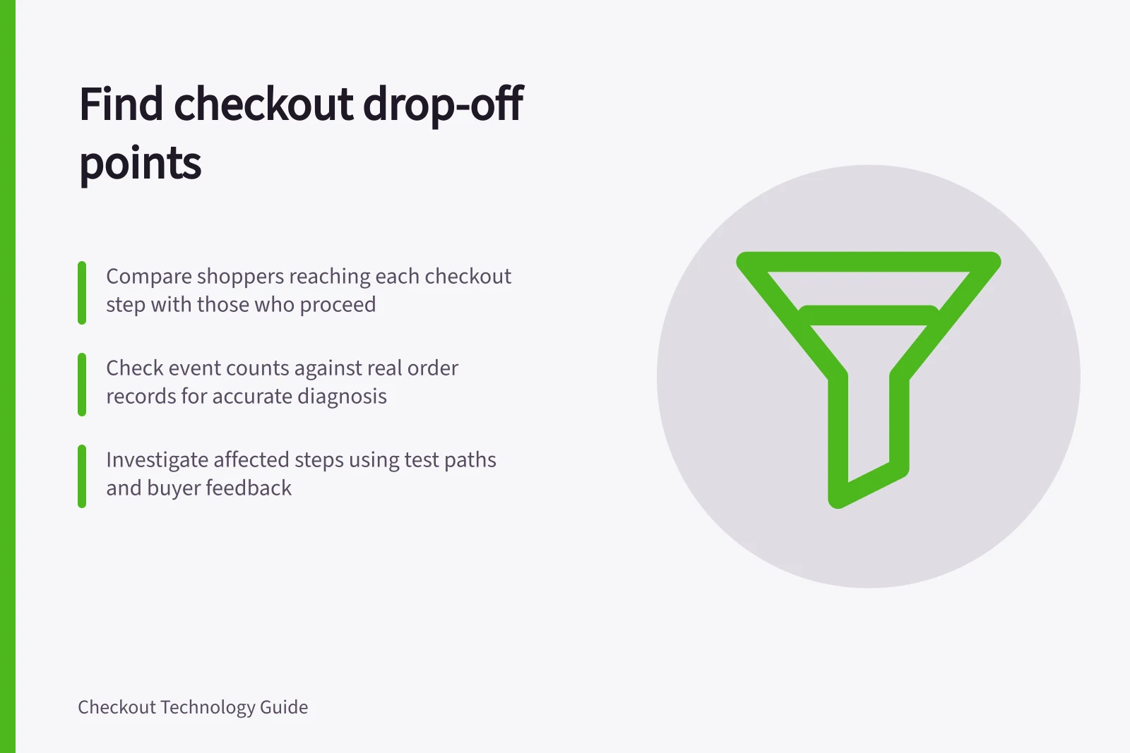 Find checkout drop-off points: Compare shoppers reaching each checkout step with those who proceed; Check event counts against real order records for accurate diagnosis; Investigate affected steps using test paths and buyer feedback