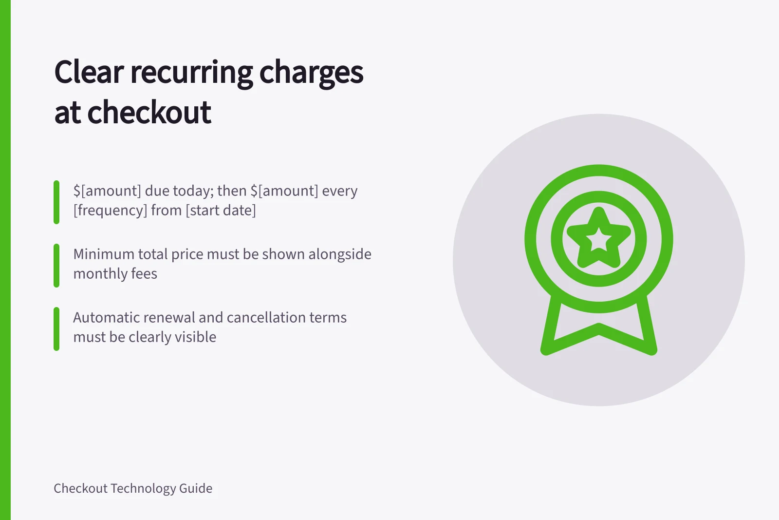 Clear recurring charges at checkout: $[amount] due today; then $[amount] every [frequency] from [start date]; Minimum total price must be shown alongside monthly fees; Automatic renewal and cancellation terms must be clearly visible