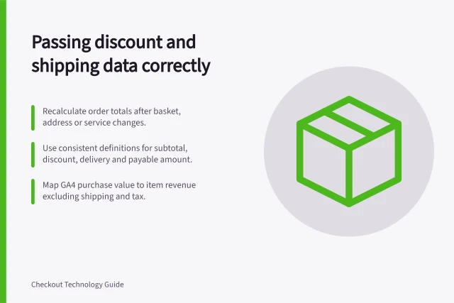 Passing discount and shipping data correctly: Recalculate order totals after basket, address or service changes.; Use consistent definitions for subtotal, discount, delivery and payable amount.; Map GA4 purchase value to item revenue excluding shipping and tax. Passing discount and shipping data correctly