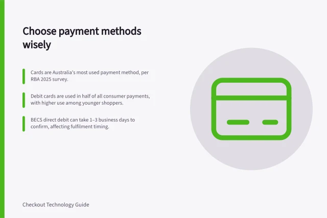 Choose payment methods wisely: Cards are Australia's most used payment method, per RBA 2025 survey.; Debit cards are used in half of all consumer payments, with higher use among younger shoppers.; BECS direct debit can take 1–3 business days to confirm, affecting fulfilment timing. Payment method selection
