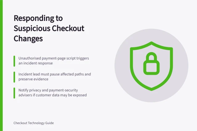 Responding to Suspicious Checkout Changes: Unauthorised payment-page script triggers an incident response; Incident lead must pause affected paths and preserve evidence; Notify privacy and payment-security advisers if customer data may be exposed. Planning a response to suspicious checkout changes