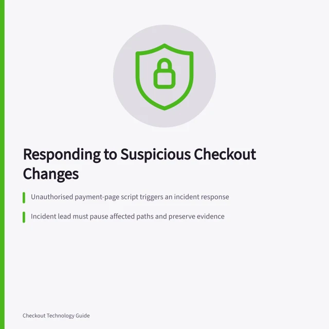 Responding to Suspicious Checkout Changes: Unauthorised payment-page script triggers an incident response; Incident lead must pause affected paths and preserve evidence; Notify privacy and payment-security advisers if customer data may be exposed. Planning a response to suspicious checkout changes