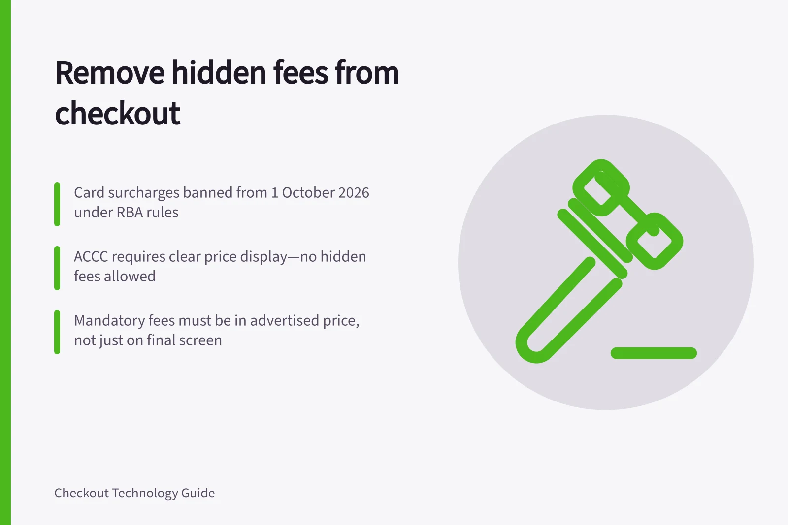 Remove hidden fees from checkout: Card surcharges banned from 1 October 2026 under RBA rules; ACCC requires clear price display—no hidden fees allowed; Mandatory fees must be in advertised price, not just on final screen