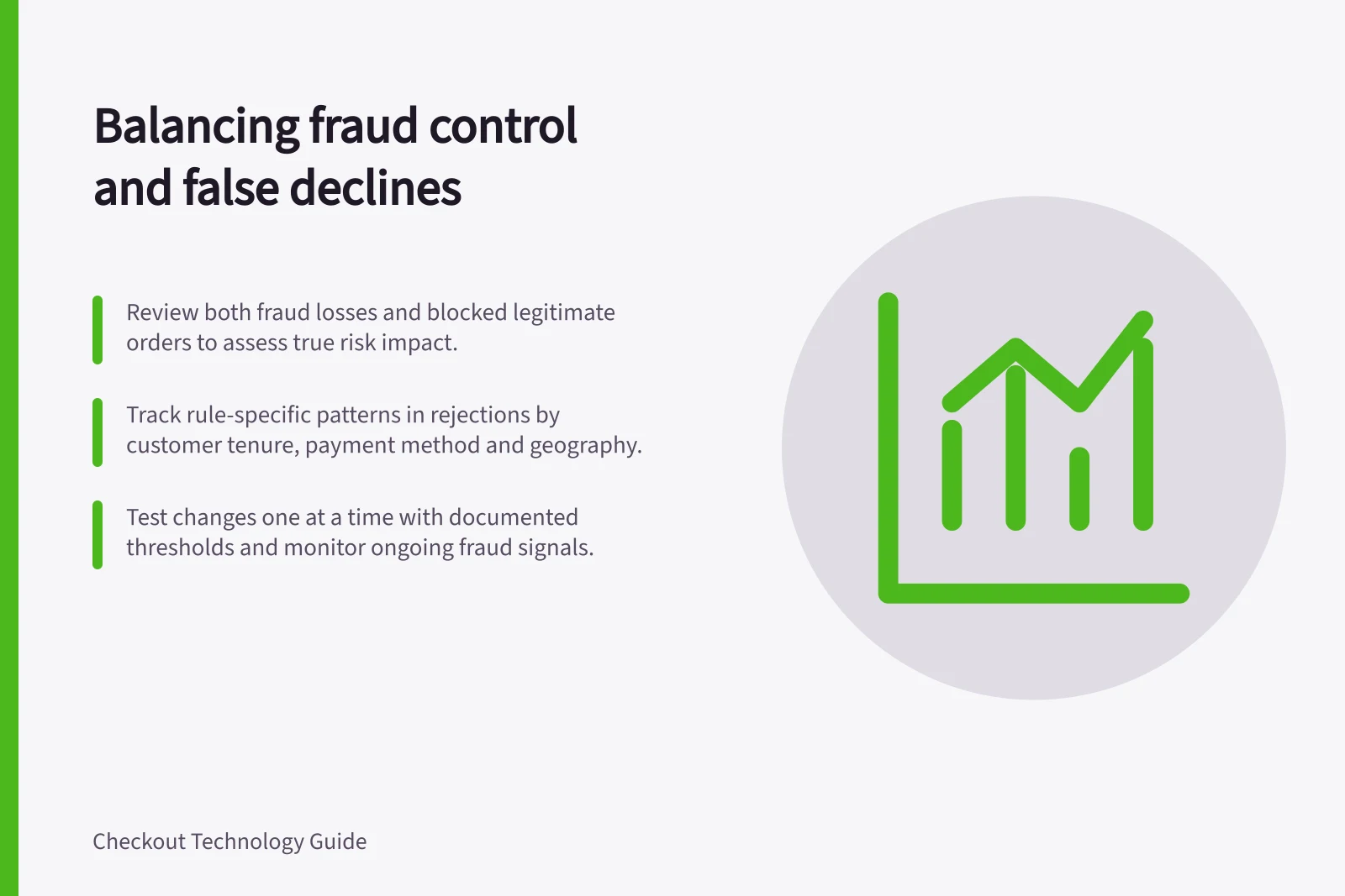 Balancing fraud control and false declines: Review both fraud losses and blocked legitimate orders to assess true risk impact.; Track rule-specific patterns in rejections by customer tenure, payment method and geography.; Test changes one at a time with documented thresholds and monitor ongoing fraud signals.