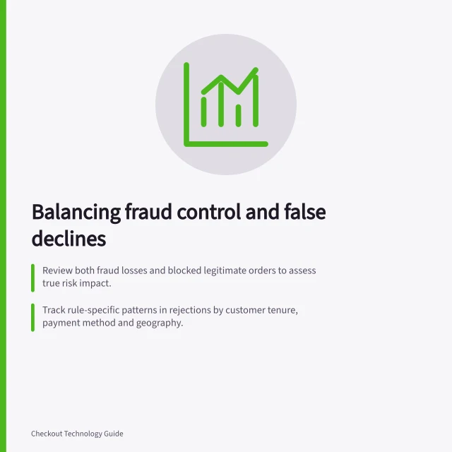 Balancing fraud control and false declines: Review both fraud losses and blocked legitimate orders to assess true risk impact.; Track rule-specific patterns in rejections by customer tenure, payment method and geography.; Test changes one at a time with documented thresholds and monitor ongoing fraud signals. Reviewing false declines alongside fraud losses