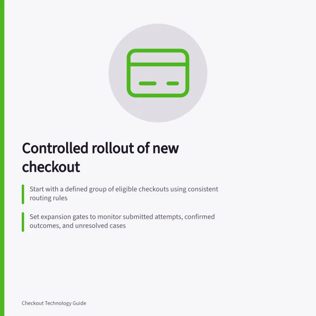 Controlled rollout of new checkout: Start with a defined group of eligible checkouts using consistent routing rules; Set expansion gates to monitor submitted attempts, confirmed outcomes, and unresolved cases; Record each stage’s decision, version, and observed counts for audit and traceability. Running a controlled rollout of a new checkout
