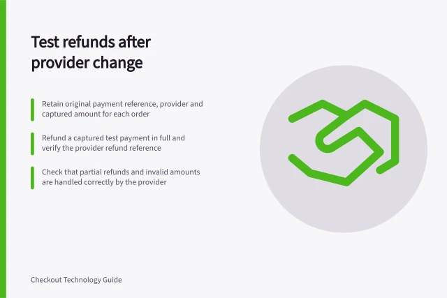 Test refunds after provider change: Retain original payment reference, provider and captured amount for each order; Refund a captured test payment in full and verify the provider refund reference; Check that partial refunds and invalid amounts are handled correctly by the provider. Testing refunds after a provider change