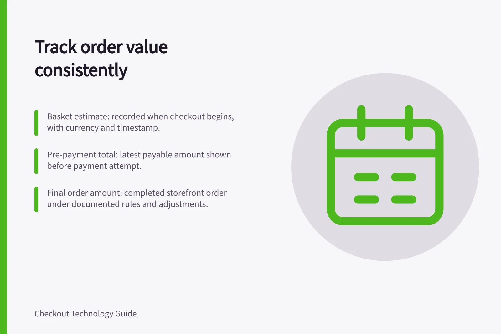 Track order value consistently: Basket estimate: recorded when checkout begins, with currency and timestamp.; Pre-payment total: latest payable amount shown before payment attempt.; Final order amount: completed storefront order under documented rules and adjustments.