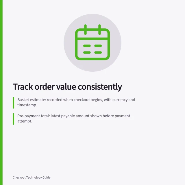 Track order value consistently: Basket estimate: recorded when checkout begins, with currency and timestamp.; Pre-payment total: latest payable amount shown before payment attempt.; Final order amount: completed storefront order under documented rules and adjustments. Tracking order value consistently through checkout